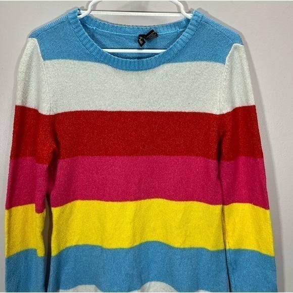 Free For All Women’s Red Blue Yellow Multicolor Striped Round Neck Knit Sweater - Picture 3 of 11